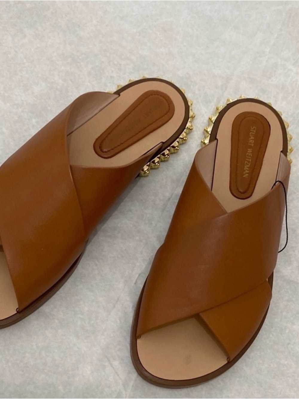 Stuart Weitzman Tan Brown Leather Crisscross Mule Slides with Gold Stud Trim